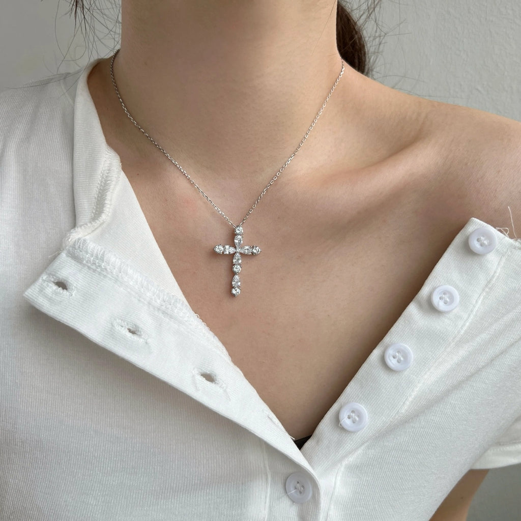 Sterling Silver S925 Pear-Shaped Zircon Cross Necklace
