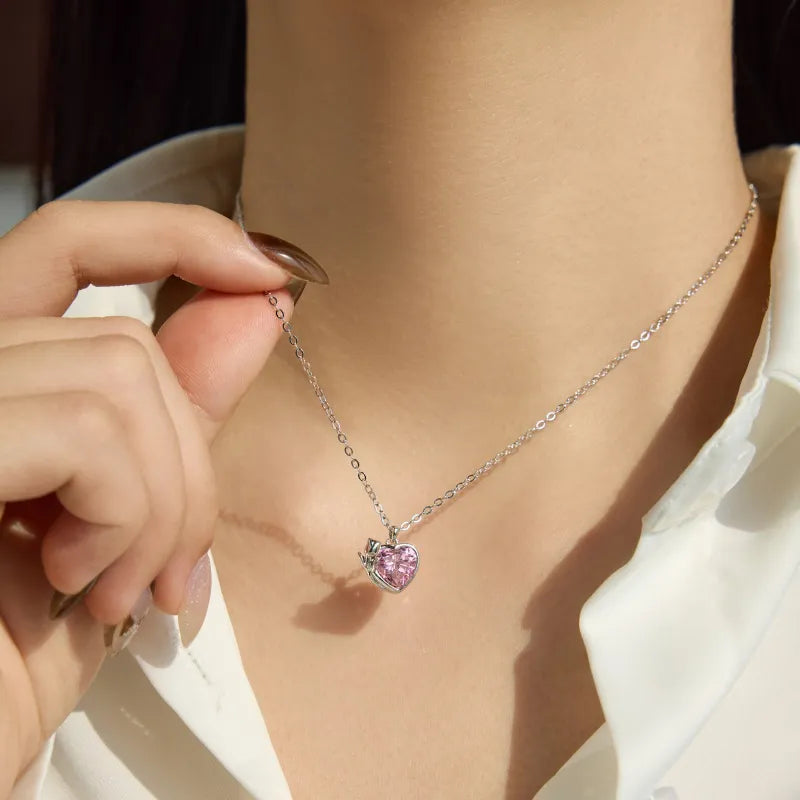 Silver S925 Pink Tulip Heart Pendant Necklace